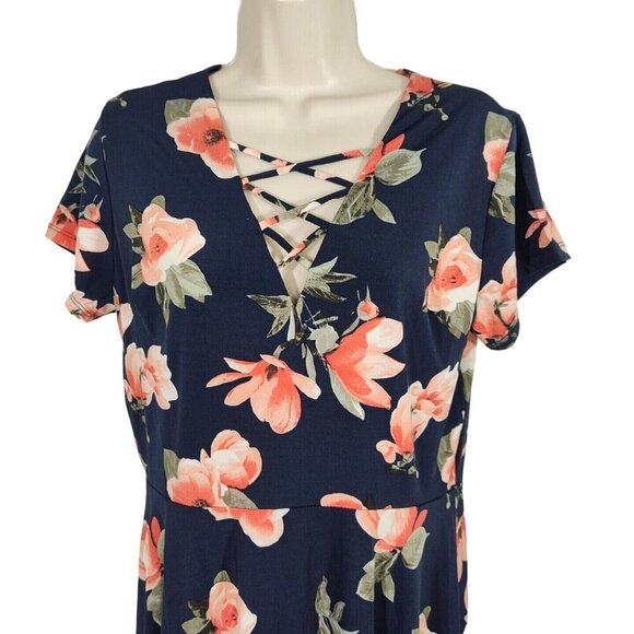 J for Justify Blue Floral A-line V-neck Dress Women Size XL Short Sleeve NEW - Picture 2 of 6